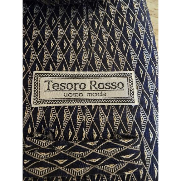 Silk Tesoro Rosso Men's Accessory Tie Necktie Navy Blue Ivory Abstract Pattern - Picture 4 of 6